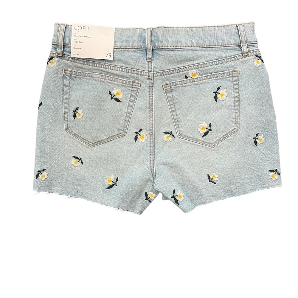 LOFT • NWT High Rise Frayed Cut Off Denim Shorts Floral Embroidered Stone Wash - Picture 4 of 10